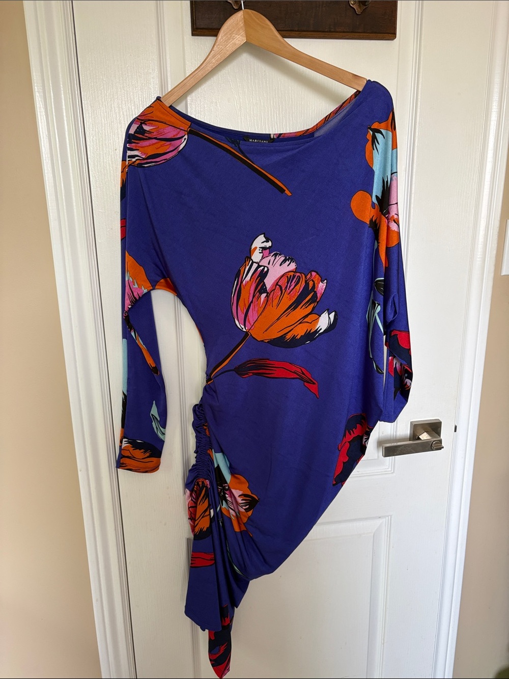 Marciano Purple Floral Midi Dress with Orange & Pink Blooms